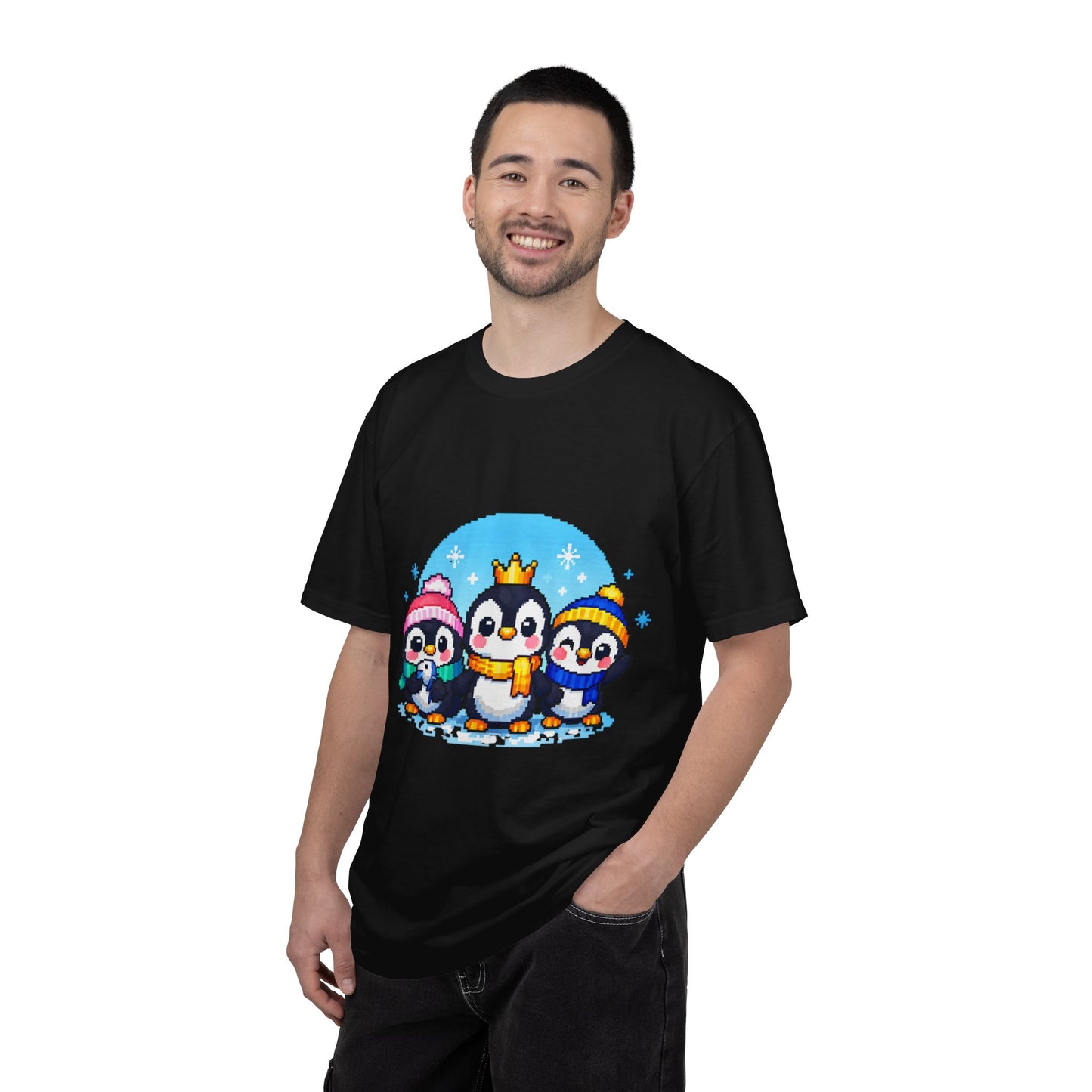 Cute Winter Penguin T‑Shirt — Three Cartoon Penguins with Crown & Scarves