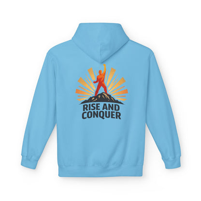 Rise and Conquer Hoodie - Motivational Sunrise Adventure Pullover