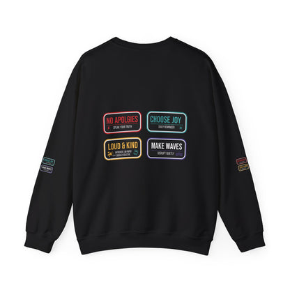 Crewneck Sweatshirt — Inspirational Patch Labels: “No Apologies • Choose Joy • Loud & Kind • Make Waves”