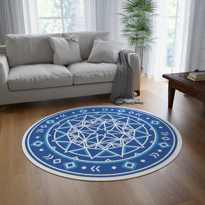 Blue Mandala Round Rug — Geometric Boho Accent Floor Mat