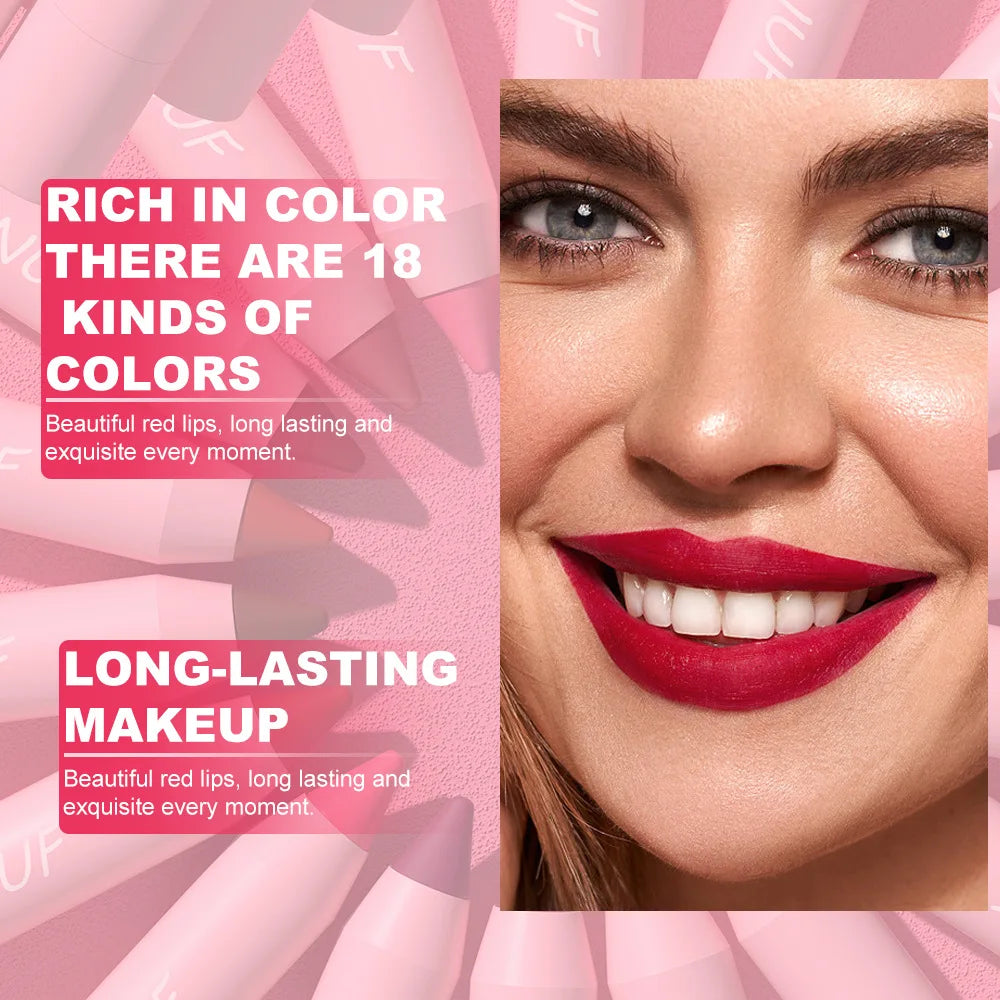 18-Colors Lipstick Pencil Waterproof Sexy Red Matte Contour Tint Lipstick Lasting Non-stick Cup Lipliner Pen Lip Makeup Cosmetic - Merit Sell