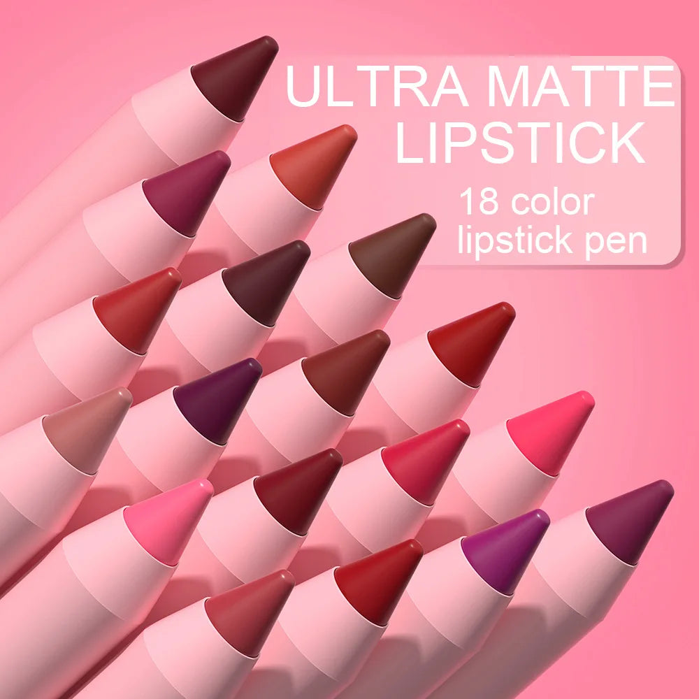 18-Colors Lipstick Pencil Waterproof Sexy Red Matte Contour Tint Lipstick Lasting Non-stick Cup Lipliner Pen Lip Makeup Cosmetic - Merit Sell