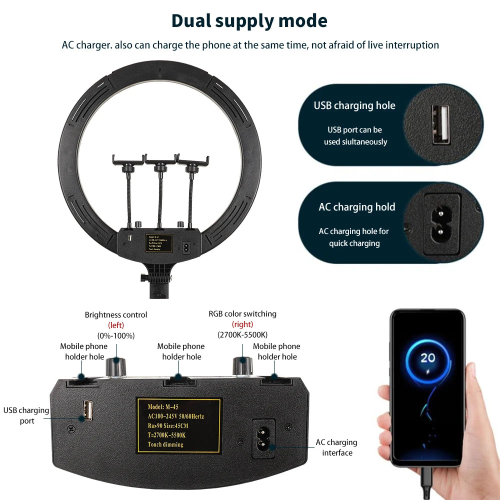 18 Inch 45cm Selfie RGB Ring Light with Tripod Usb Rechargeable LED Light, Dimmable, for Photo Studio - Merit Sell