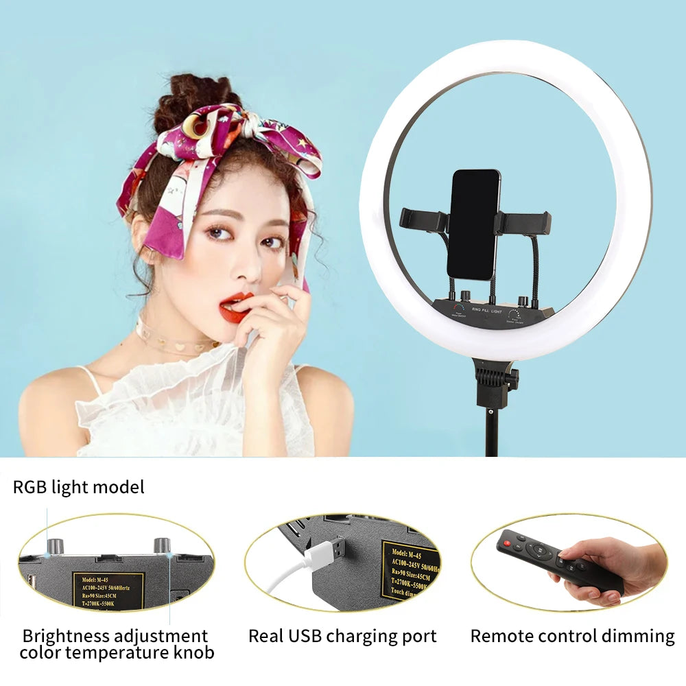 18 Inch 45cm Selfie RGB Ring Light with Tripod Usb Rechargeable LED Light, Dimmable, for Photo Studio - Merit Sell