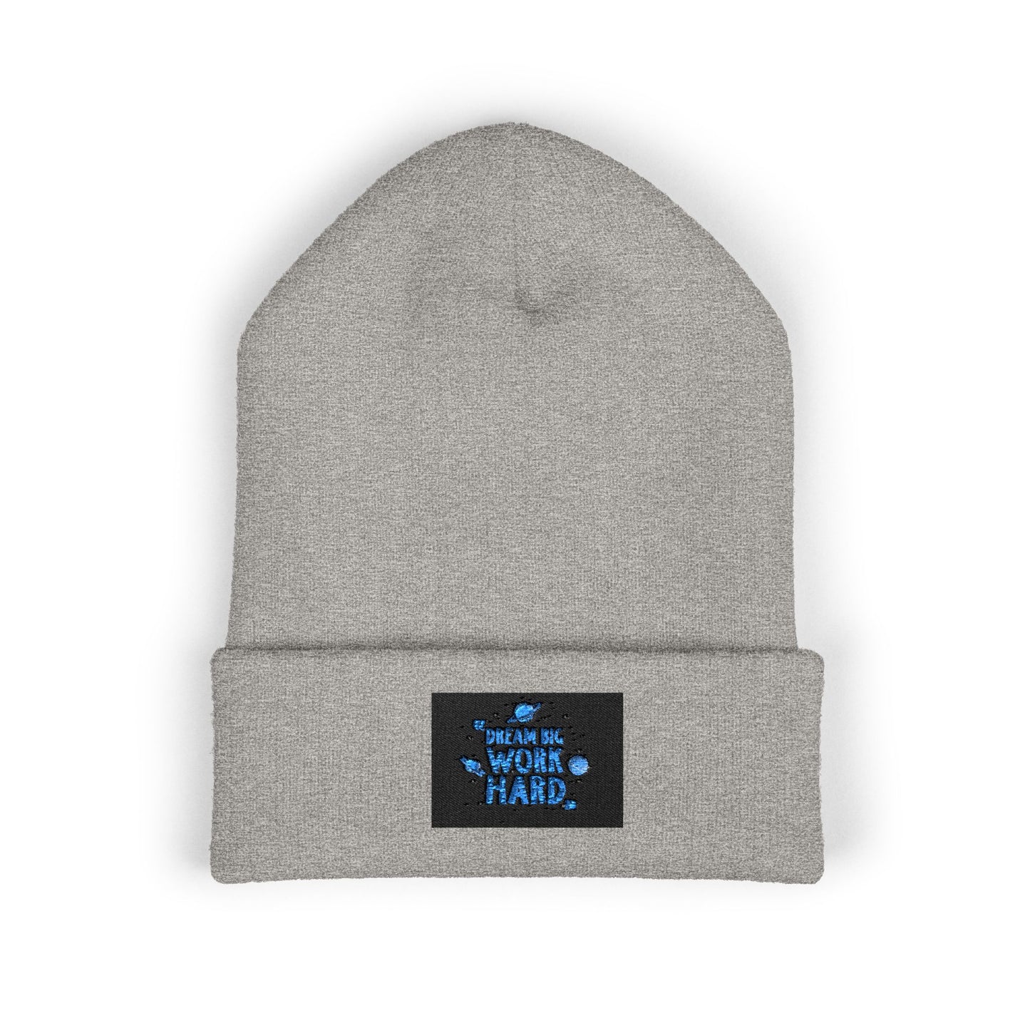 Classic Cuffed Beanie — Embroidered 'Never Stop' Blue Patch Winter Hat