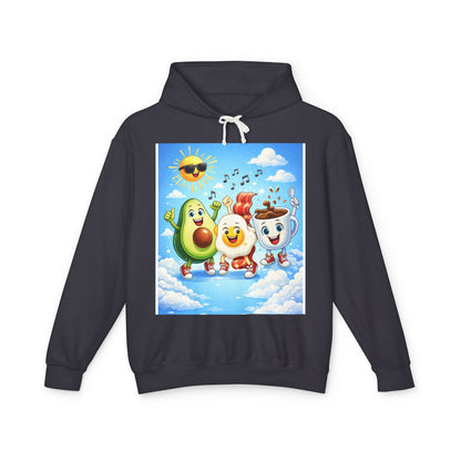 Happy Breakfast Friends Hoodie — Avocado, Egg & Coffee Cartoon Pullover
