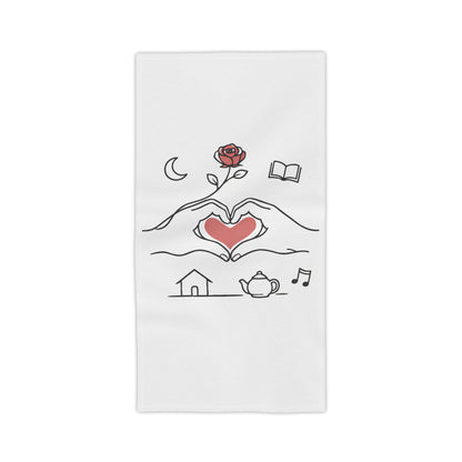 Beach Towel — Heart Hands Rose Design (Moon, Book, Tea, Home Icons)