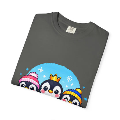 Cute Winter Penguin T‑Shirt — Three Cartoon Penguins with Crown & Scarves