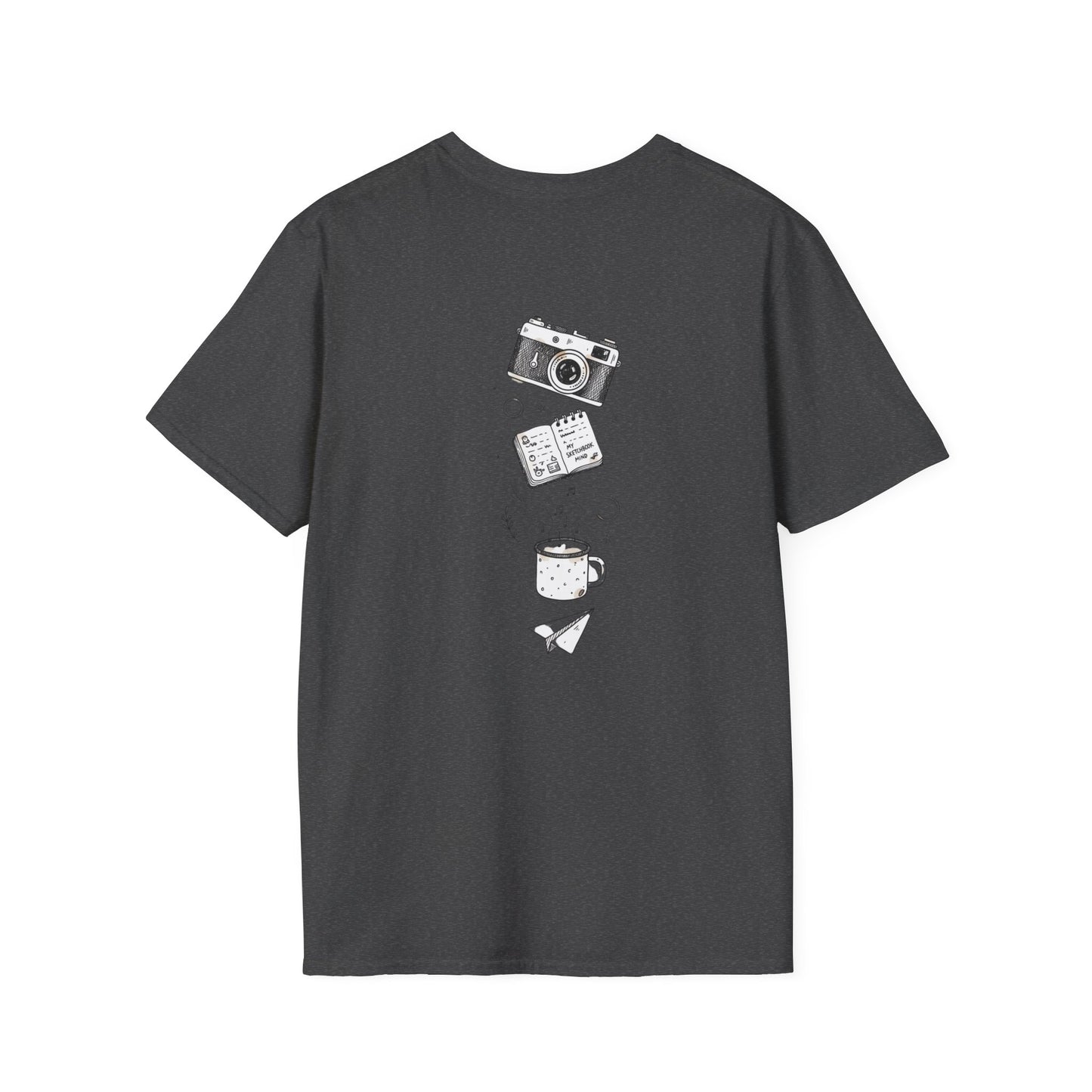 Photography & Coffee Graphic Tee — Camera, Notebook, Coffee Cup Design