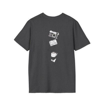 Photography & Coffee Graphic Tee — Camera, Notebook, Coffee Cup Design