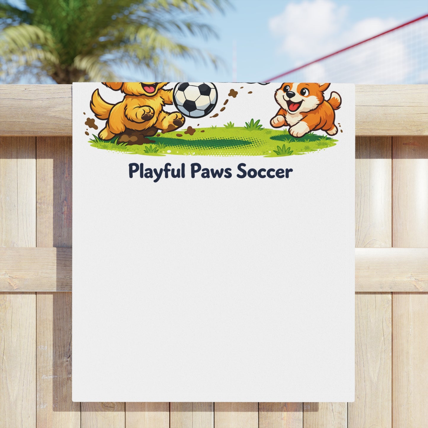 Playful Paws Soccer Beach Towel — Cute Puppies Playing Soccer Kids Towel