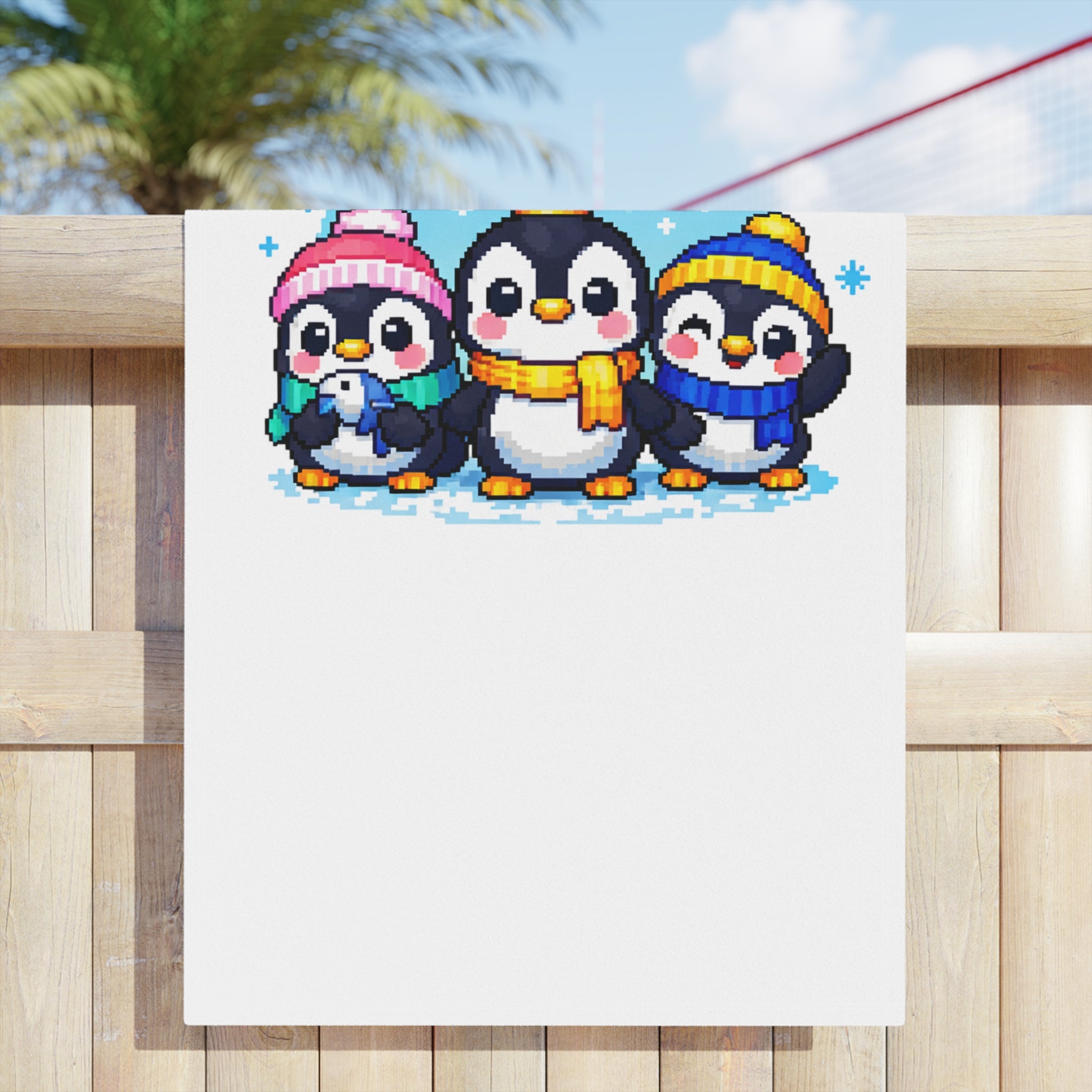 Cute Penguin Family Beach Towel — Winter Crown & Hat Cartoon Design