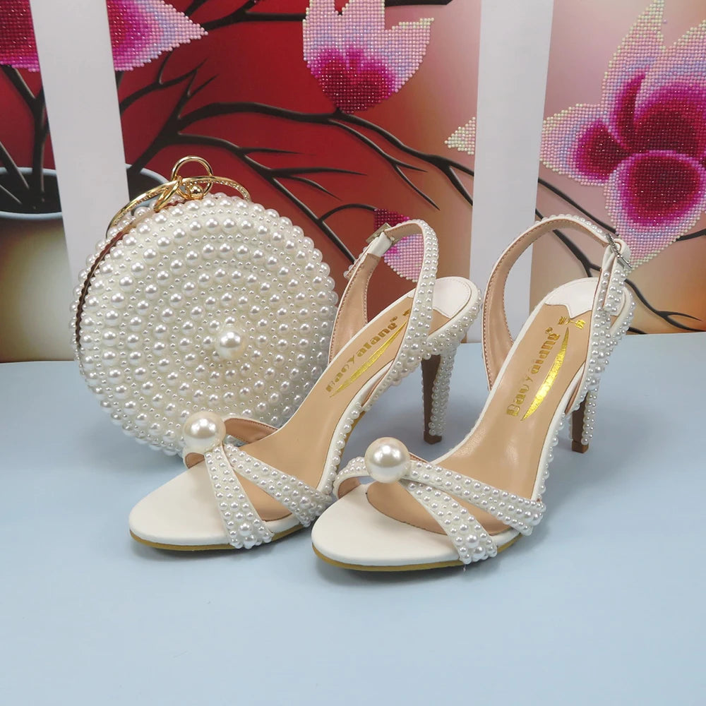 2024 New Arrival Customized White Female Sandals Bridal shoe bag set woman Thin Heel Big Pearl Girls fashion Sandals party Shoes - Merit Sell