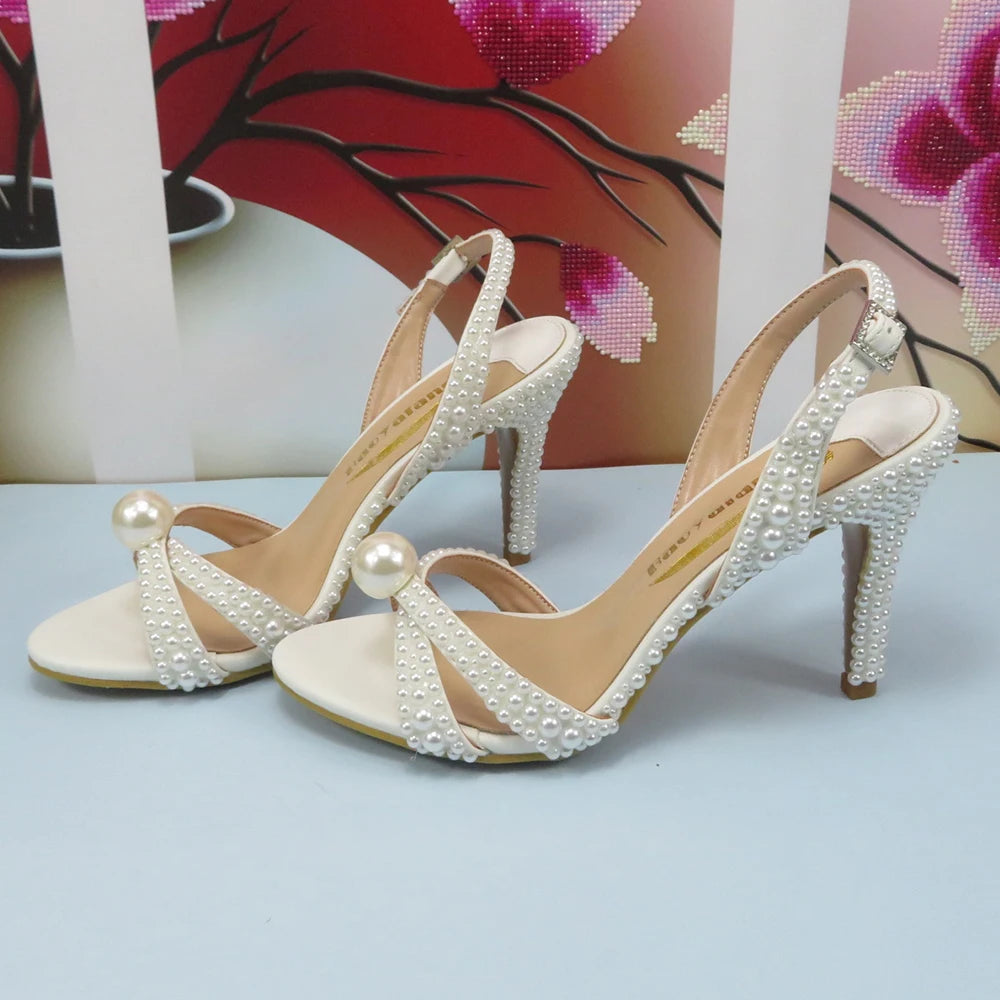 2024 New Arrival Customized White Female Sandals Bridal shoe bag set woman Thin Heel Big Pearl Girls fashion Sandals party Shoes - Merit Sell