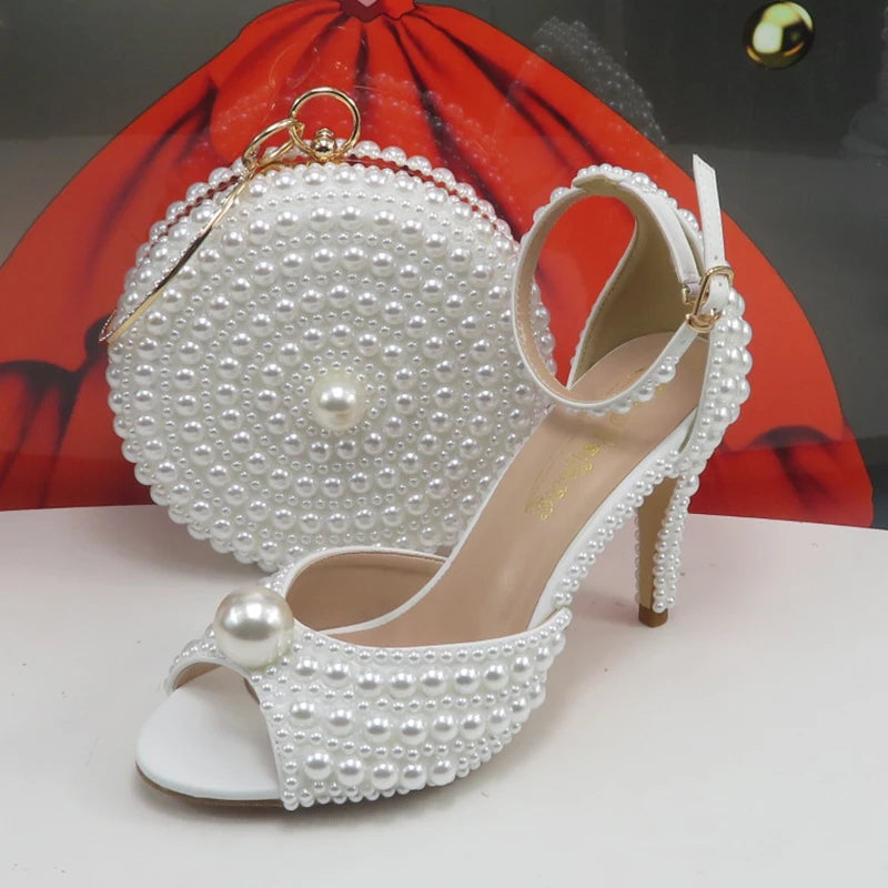 2024 New Arrival Customized White Female Sandals Bridal shoe bag set woman Thin Heel Big Pearl Girls fashion Sandals party Shoes - Merit Sell