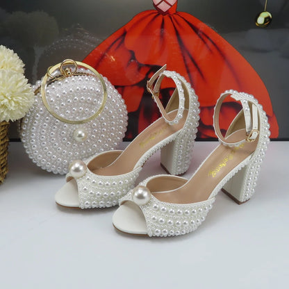 2024 New Arrival Customized White Female Sandals Bridal shoe bag set woman Thin Heel Big Pearl Girls fashion Sandals party Shoes - Merit Sell