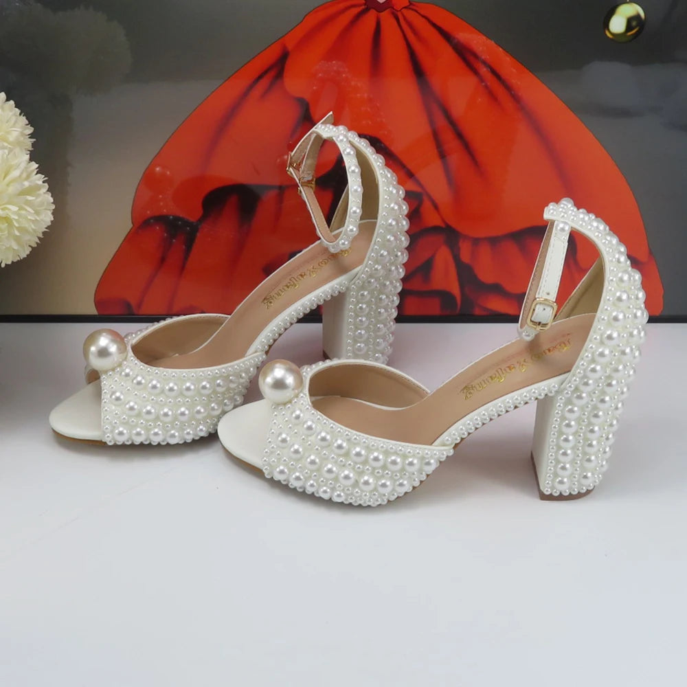 2024 New Arrival Customized White Female Sandals Bridal shoe bag set woman Thin Heel Big Pearl Girls fashion Sandals party Shoes - Merit Sell