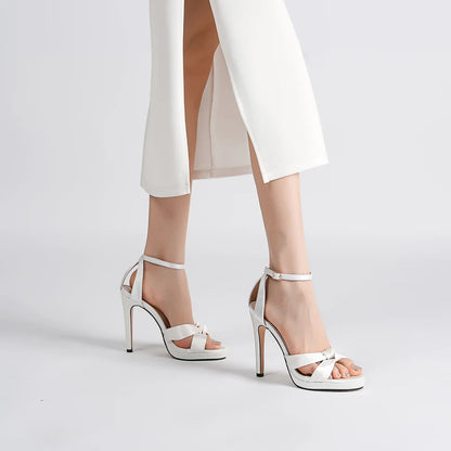 2024 New White Banquet Silk Sequined Women's Shoes Round Toe Summer platform High Heels Open Toe Back Strap Platform Sandals - Merit Sell