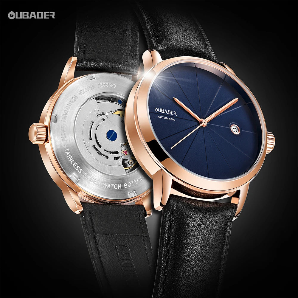 2024 OUBAOER Men Watch Automatic Mechanical Watches Bussiness Leather Strap Wristwatches Waterproof Classic Minimalist Clocks - Merit Sell