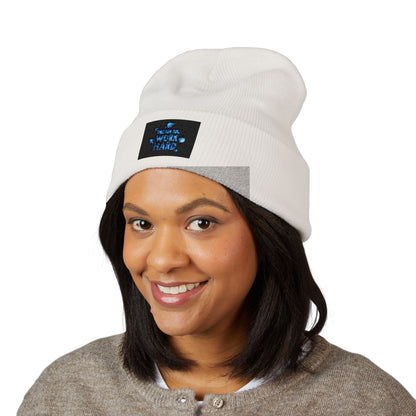 Classic Cuffed Beanie — Embroidered 'Never Stop' Blue Patch Winter Hat