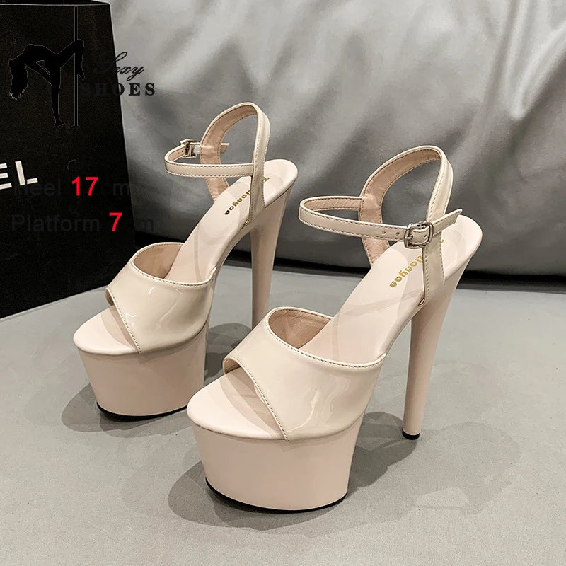 20CM 17 15cm Super High Heeled Nightclub Thin Heels Women's Platform Sandals Ankle Buckle Fashion Pole Dancing Shoes Plus Size - Merit Sell