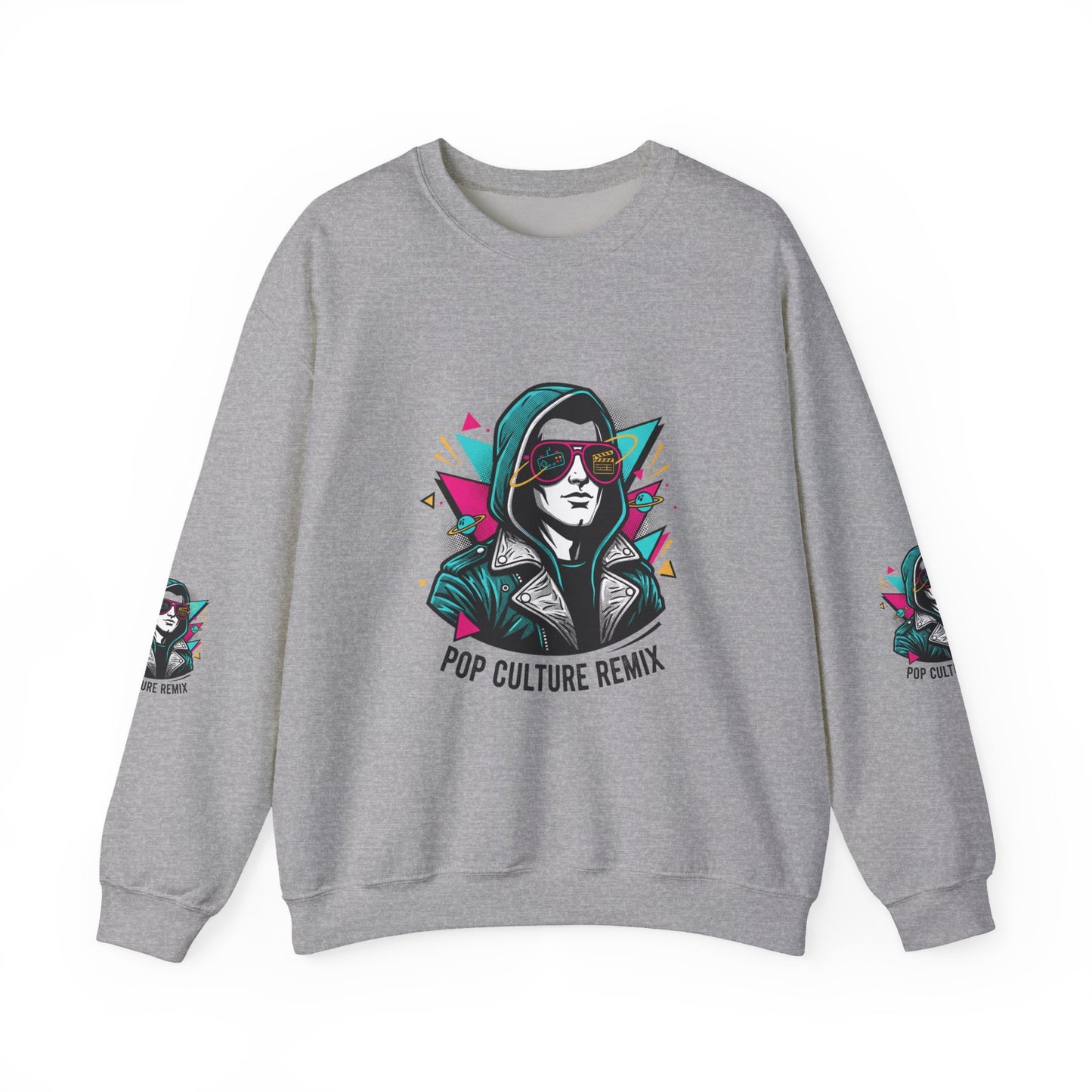 Pop Culture Remix Crewneck Sweatshirt — Retro Neon Hoodie Graphic