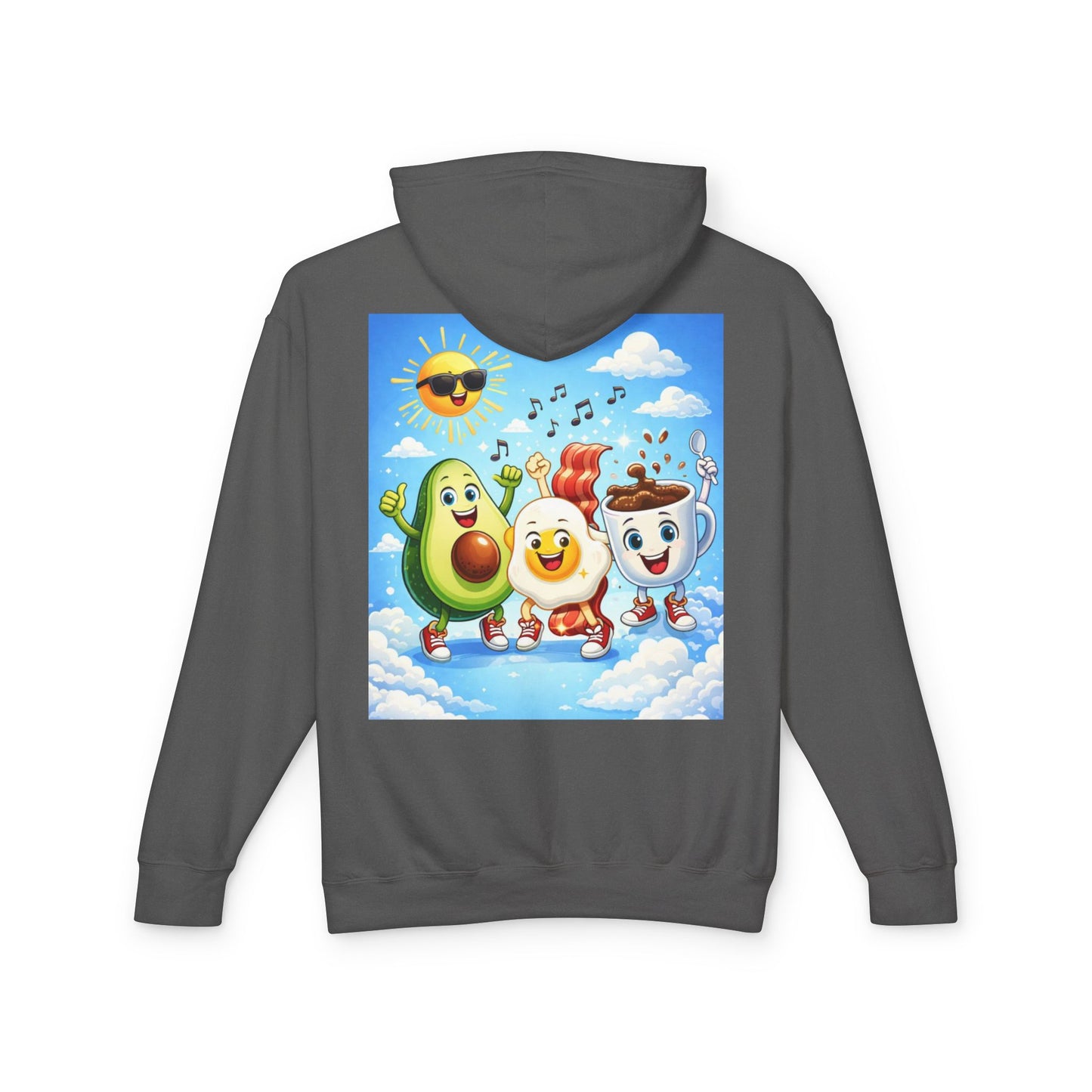Happy Breakfast Friends Hoodie — Avocado, Egg & Coffee Cartoon Pullover
