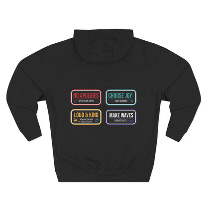 Three-Panel Message Hoodie – "No Apologies / Choose Joy / Loud & Kind / Make Waves"