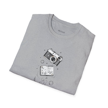 Photography & Coffee Graphic Tee — Camera, Notebook, Coffee Cup Design