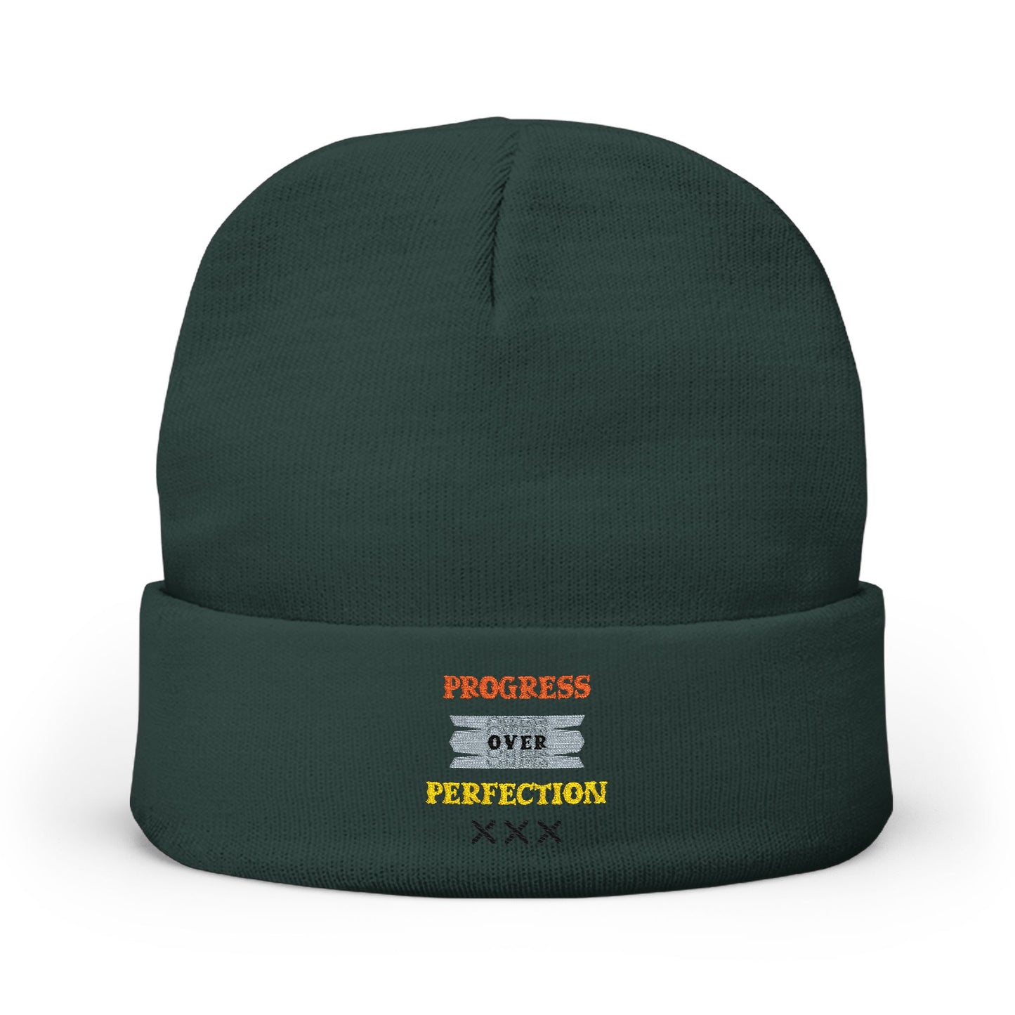 Embroidered Knit Beanie — 'Progress Over Perfection' Cozy Winter Hat