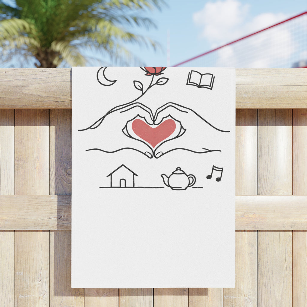 Beach Towel — Heart Hands Rose Design (Moon, Book, Tea, Home Icons)