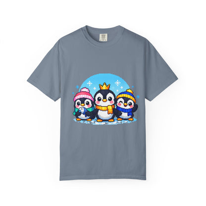 Cute Winter Penguin T‑Shirt — Three Cartoon Penguins with Crown & Scarves