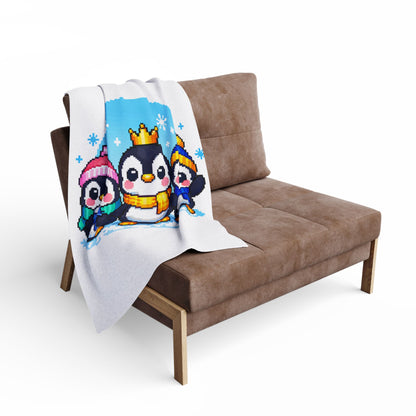 Penguin Pixel Trio Fleece Blanket — Cute Arctic Winter Throw for Kids & Holiday Gifts