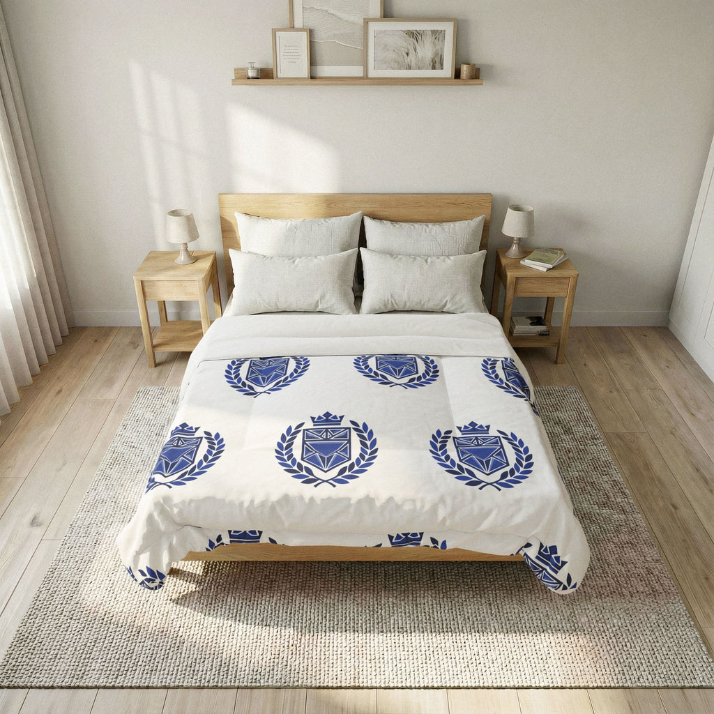 Blue Heraldic Crest Cotton Comforter — Classic Laurel & Crown Bedding