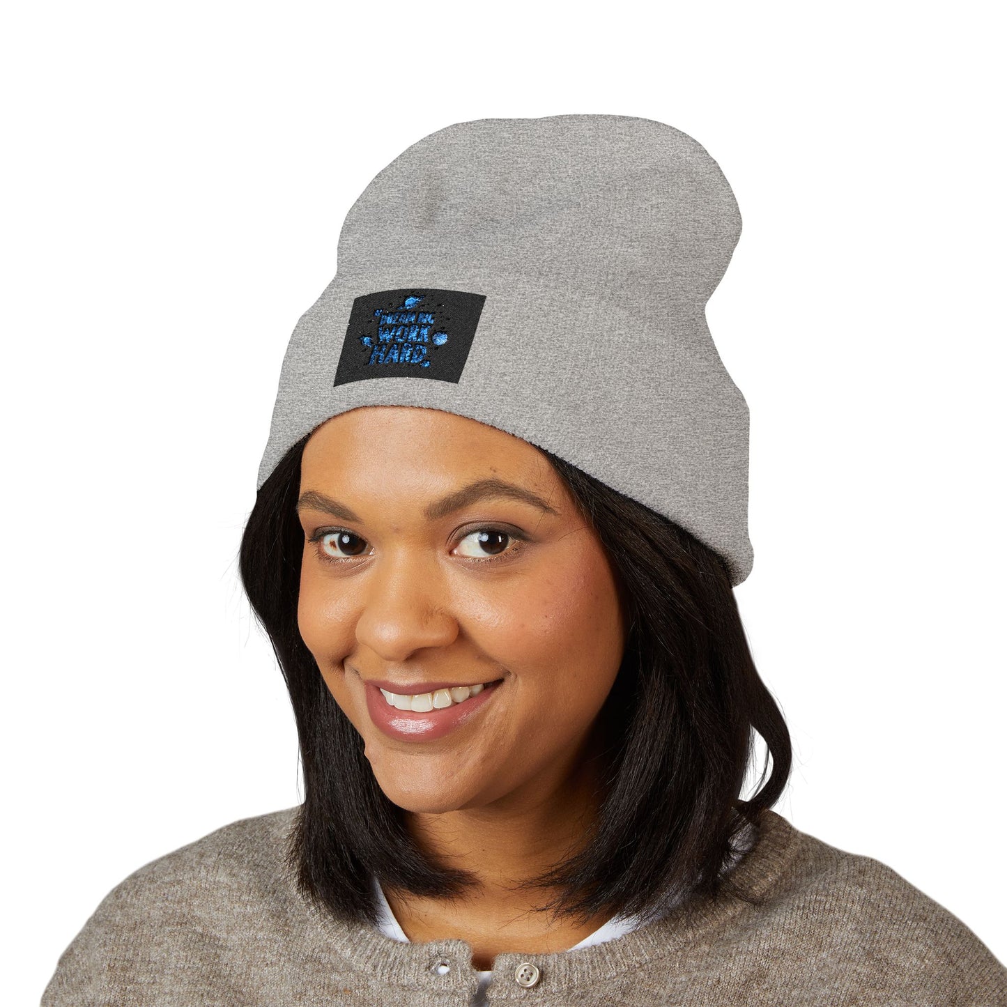 Classic Cuffed Beanie — Embroidered 'Never Stop' Blue Patch Winter Hat