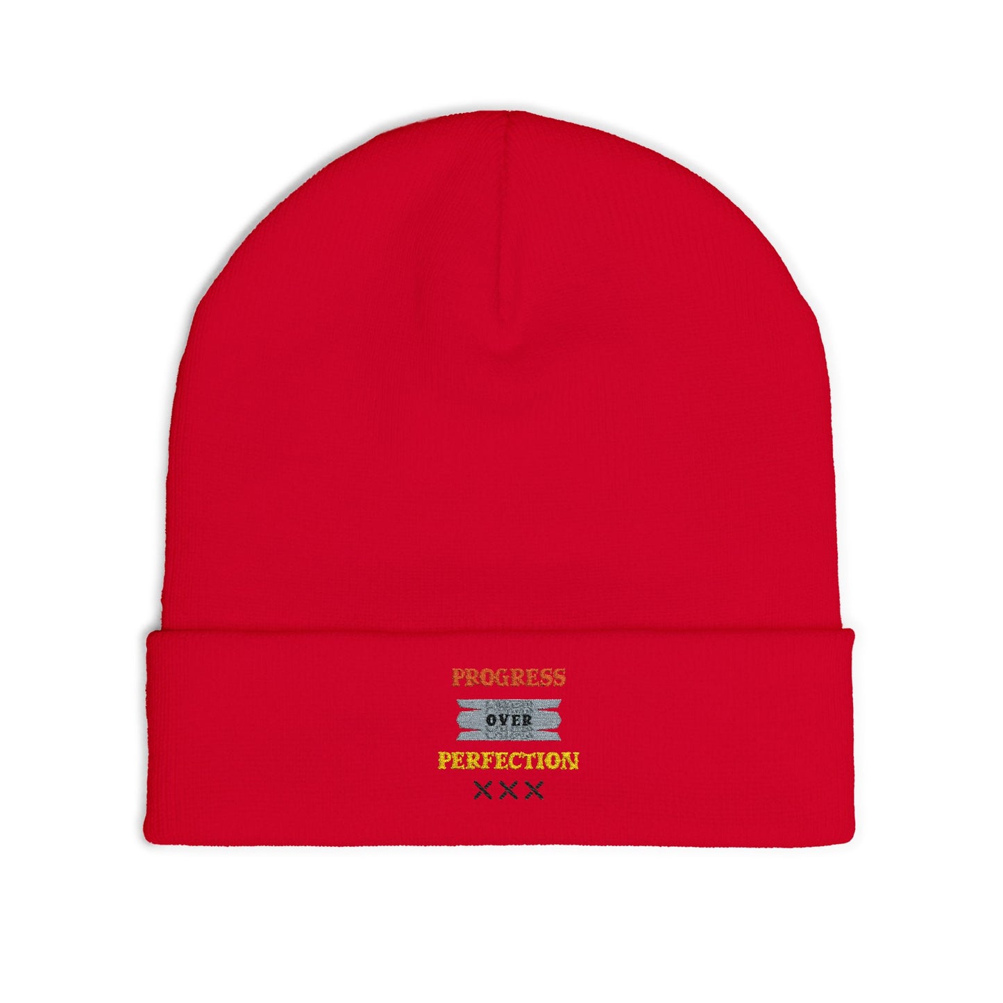 Embroidered Knit Beanie — 'Progress Over Perfection' Cozy Winter Hat