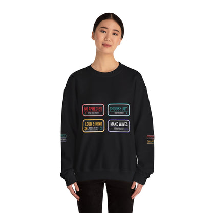 Crewneck Sweatshirt — Inspirational Patch Labels: “No Apologies • Choose Joy • Loud & Kind • Make Waves”