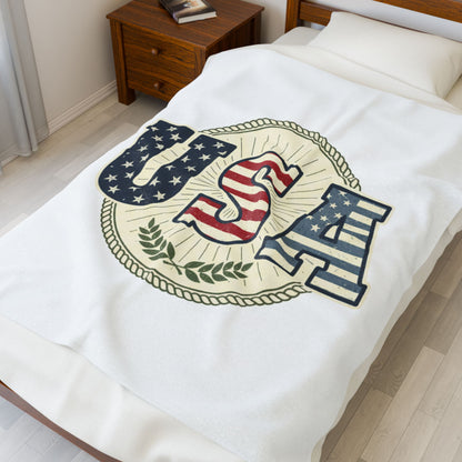 USA Flag Velveteen Plush Blanket — Patriotic American Throw for 4th of July & Veterans Day
