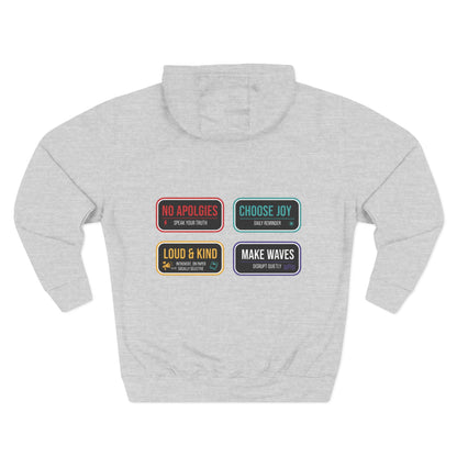 Three-Panel Message Hoodie – "No Apologies / Choose Joy / Loud & Kind / Make Waves"