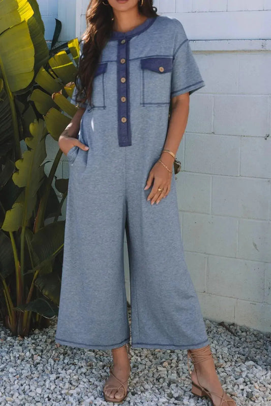 Placket Chest Pockets Short Sleeve Wide Leg Jumpsuit - Merit Sell