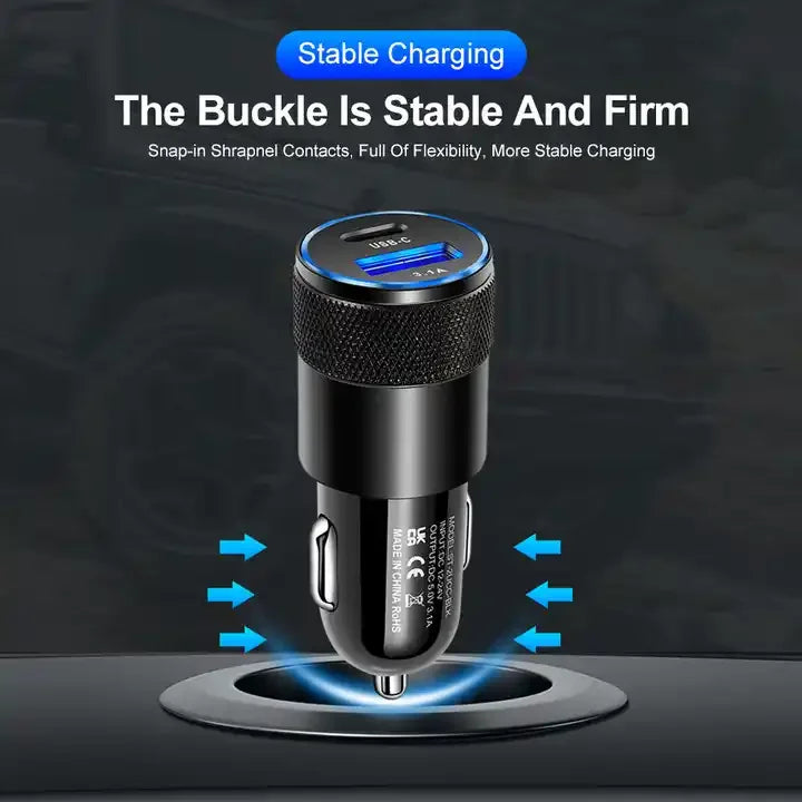 3.1A USB Car Charger Aluminum Alloy PD Fast Charging for Mobile Phone Tablet 15W Dual Port Car Charger Adapter Fast Car Charger - Merit Sell