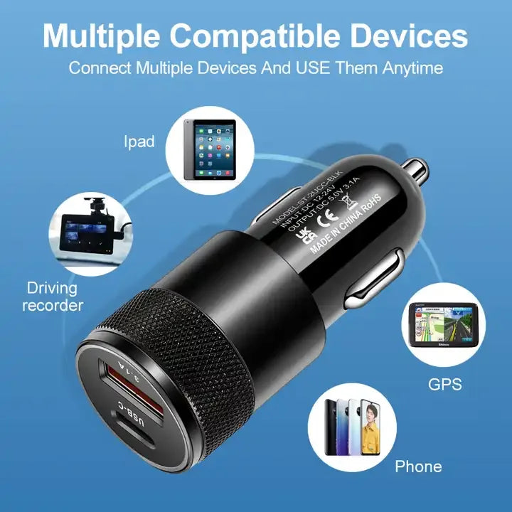 3.1A USB Car Charger Aluminum Alloy PD Fast Charging for Mobile Phone Tablet 15W Dual Port Car Charger Adapter Fast Car Charger - Merit Sell