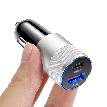 3.1A USB Car Charger Aluminum Alloy PD Fast Charging for Mobile Phone Tablet 15W Dual Port Car Charger Adapter Fast Car Charger - Merit Sell
