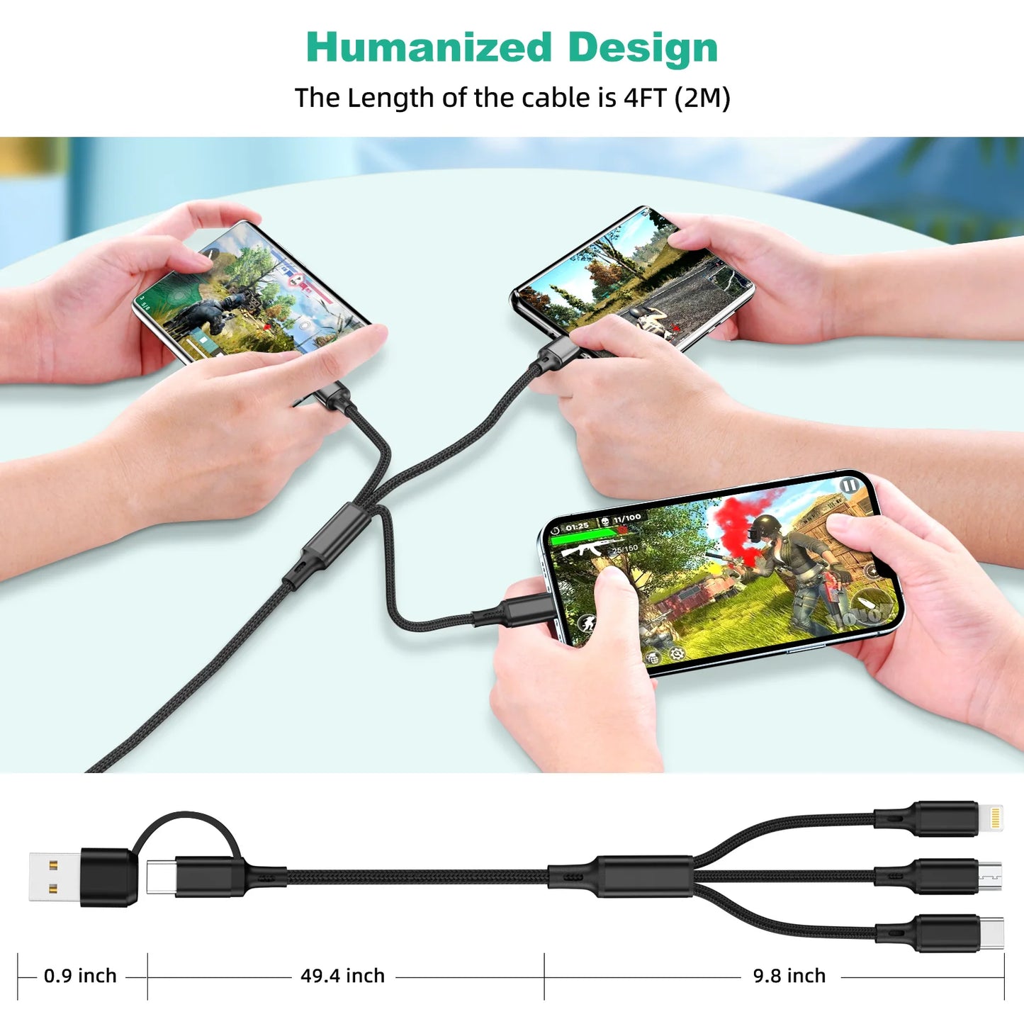 3 in1 Charging Cable Multi Usb Port Multiple Usb Charging Cord Type C Micro Charger Mobile Phone Wire For iPhone 14 13 12 Huawei - Merit Sell