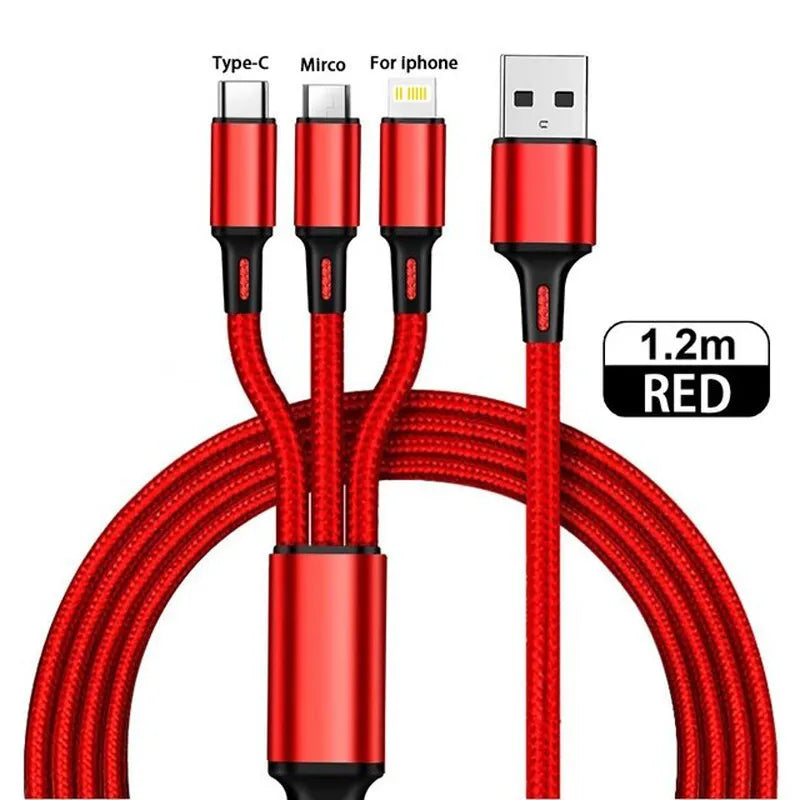 3 in1 Charging Cable Multi Usb Port Multiple Usb Charging Cord Type C Micro Charger Mobile Phone Wire For iPhone 14 13 12 Xiaomi - Merit Sell