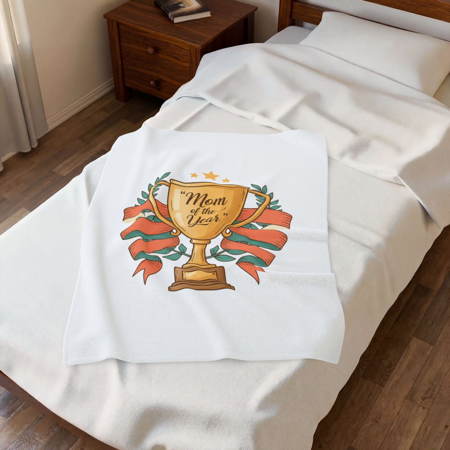 Mom of the Year Velveteen Plush Blanket – Trophy Design Mother’s Day Throw
