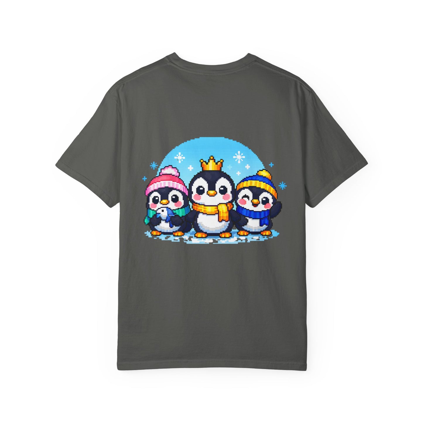 Cute Winter Penguin T‑Shirt — Three Cartoon Penguins with Crown & Scarves