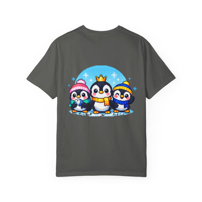 Cute Winter Penguin T‑Shirt — Three Cartoon Penguins with Crown & Scarves