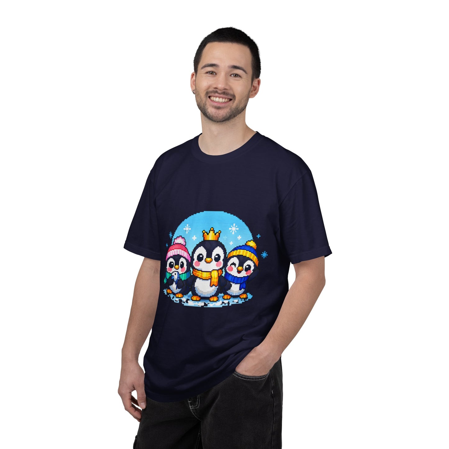 Cute Winter Penguin T‑Shirt — Three Cartoon Penguins with Crown & Scarves
