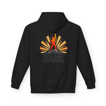 Rise and Conquer Hoodie - Motivational Sunrise Adventure Pullover